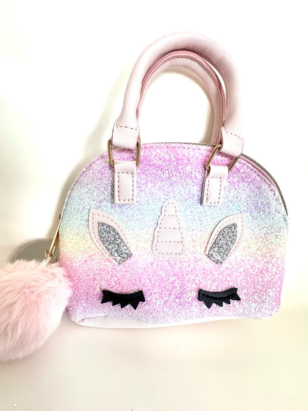 Girls Glitter Rainbow Unicorn Purse Mini Handbag Pom Pom Pastel Sparkle Cute - Picture 2 of 12